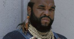 Mr. T showcases his iconic style with a mohawk, gold chains, and denim overalls, embodying his tough persona from The A-Team.