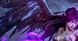 Dark sorceress conjuring purple magic, with ominous wings and a fierce expression, embodying mystical power and allure.