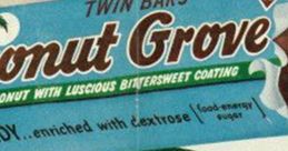 Vintage Coconut Grove cereal packaging featuring twin bars and tropical design, emphasizing luscious bittersweet coating.