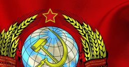 Soviet Union emblem featuring hammer, sickle, and globe on a red background, symbolizing communism and unity.