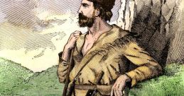 Daniel Boone in traditional frontier attire, leaning against a rock with a rifle, surrounded by lush greenery.