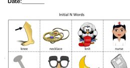 Educational worksheet featuring initial 'N' words for language development, including images of knee, nurse, and nature.