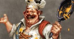 Cheerful Dungeons and Dragons chef character, adorned in a messy apron with pumpkin shoes, wielding a spatula joyfully.