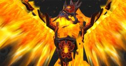 Fiery phoenix creature with bright orange flames and dark armor, showcasing epic fantasy design and powerful presence.