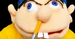 Jeffy puppet with a yellow shirt and blue cap, featuring a pencil in the mouth, showcasing playful character design.