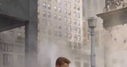 Captain America mourns Iron Man amidst a cityscape in ruins, evoking powerful themes of friendship and sacrifice.