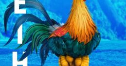 Colorful rooster character perched on a wooden post, showcasing vibrant feathers and cartoonish features for "Hay Hay.