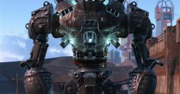 Liberty Prime stands tall in a post-apocalyptic world, showcasing its metallic structure and glowing features.