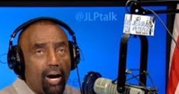 Jesse Lee Peterson discussing topics on his talk show, emphasizing freedom of speech with a microphone and a blue background.