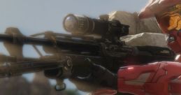 Master Chief in red armor takes aim with a sniper rifle in a rocky battlefield, embodying iconic Halo 2 kill lines.