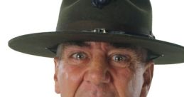 Sergeant Hartman yelling with intensity, wearing a military uniform and campaign hat, embodying commanding authority.