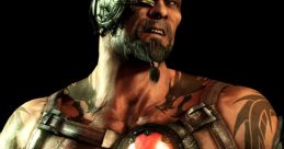 Fierce Mortal Kombat character with a cybernetic eye and muscular build, showcasing battle scars and a fiery chest emblem.