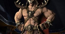 Shao Kahn from Mortal Kombat stands confidently in his iconic armor, exuding power and dominance in a dark arena setting.