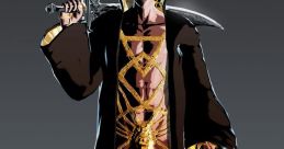 Travis Touchdown wielding swords in bold gold and black attire, showcasing No More Heroes' unique art style and character design.