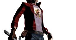 Travis Touchdown from No More Heroes, wielding a glowing katana, dressed in a red jacket and sunglasses.