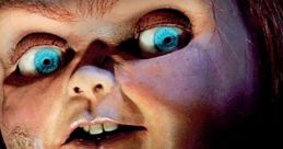 Chucky doll with striking blue eyes and mischievous expression, embodying the essence of prank calls and horror.