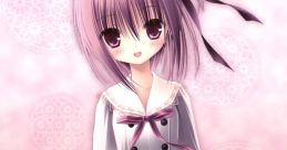 Cute anime girl in a stylish dress with a pink background, showcasing vibrant purple hair and expressive eyes.