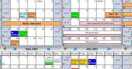 Reel production calendar from 2007, showcasing project timelines, meetings, and music selections for effective planning.