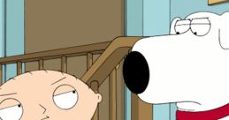 Stewie Griffin confronts Brian Griffin in a humorous scene, showcasing their iconic prank call dynamic from Family Guy.