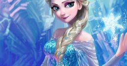 Elsa from Frozen with her signature icy powers, wearing a sparkling gown and surrounded by a magical snowflake backdrop.