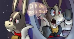 Peppy Hare exclaims "Do a barrel roll!" in a humorous space-themed illustration, showcasing his iconic red flight suit.