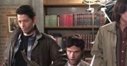 Characters from "Supernatural" wielding weapons, ready for action in a library setting, showcasing their iconic style.