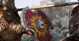 Epic battle scene featuring armored warriors clashing with shields and weapons in a wintry landscape.