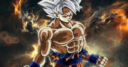 Goku transforms into Ultra Instinct, showcasing powerful muscles and iconic orange gi against a cosmic backdrop.