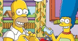 Homer and Marge Simpson smile in their colorful kitchen, surrounded by Maggie and Lisa, exemplifying classic cartoon family fun.