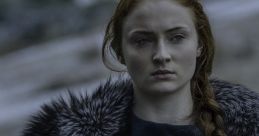 Sansa Stark in Game of Thrones, wearing a fur cloak, with intricate direwolf embroidery, exudes strength and resolve.