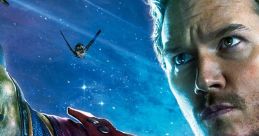 Peter Quill in a red leather jacket, aiming determinedly amidst a vibrant cosmic battle scene filled with stars and ships.