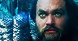 Aquaman from Justice League with a serious expression, wearing a golden armor against a mystical underwater backdrop.