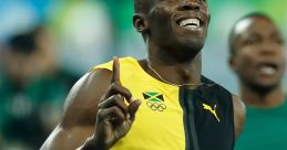 Usain Bolt celebrating victory at the Rio 2016 Olympics, showcasing his legendary speed and athletic prowess.