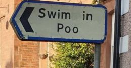 Sign pointing to "Swim in Poo," with a surprised cartoon character reacting, humorously questioning the activity's cleanliness.