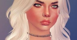 Stylish portrait of a character with long white hair and striking green eyes, showcasing detailed neck accessories.