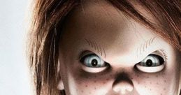 Chucky doll with menacing expression, featuring red hair and overalls, iconic horror character from the Child's Play series.