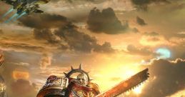 Heroic Space Marine in red armor wielding a chainsword and blaster, set against a war-torn sunset in Warhammer 40k universe.