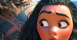 Moana looks surprised, featuring her signature braid and necklace, with a vivid ocean backdrop and Maui nearby.