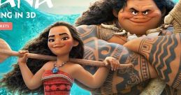 Moana stands confidently with Maui, surrounded by ocean waves and adorable characters, showcasing their adventurous spirit.