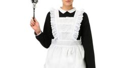 Maid in classic black and white uniform, holding a duster, showcasing traditional domestic service attire.