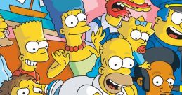 A lively scene featuring iconic characters from The Simpsons, including Bart, Homer, Maggie, and others enjoying family time.