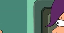 Leela from Futurama engaging in conversation, showcasing her iconic purple hair and confident expression.