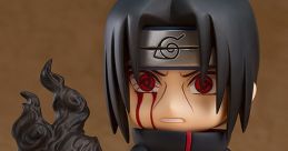 Sasuke collectible figure featuring red eyes and iconic Akatsuki cloak, complete with a dark swirling effect.