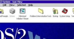 OS/2 Warp interface showing system icons, tools, and menu options on a blue background, highlighting user-friendly design features.