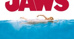 Famous Jaws movie poster featuring a great white shark threatening a swimmer in deep blue water. Iconic suspense in cinema.