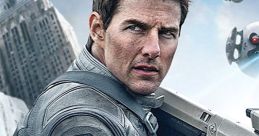 Tom Cruise in a futuristic suit, holding a weapon, from the sci-fi film "Oblivion - Original Motion Picture Track.