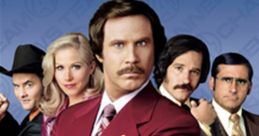 AnchorMan movie poster featuring Will Ferrell as Ron Burgundy and his comedic news team, highlighting the film's classic humor.