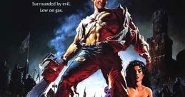 Ash battles evil in a medieval setting in Army of Darkness, armed with a chainsaw and surrounded by undead foes.