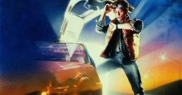 Marty McFly stands with a DeLorean time machine in flames, capturing the iconic essence of the Back to the Future movie.