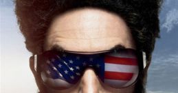 Sacha Baron Cohen as Borat with sunglasses reflecting the American flag, promoting the iconic comedy film "Borat.